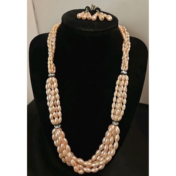 Vintage 5 Strand Faux Pink Pearl Necklace Black & Silver Accents With Earrings - Picture 1 of 7